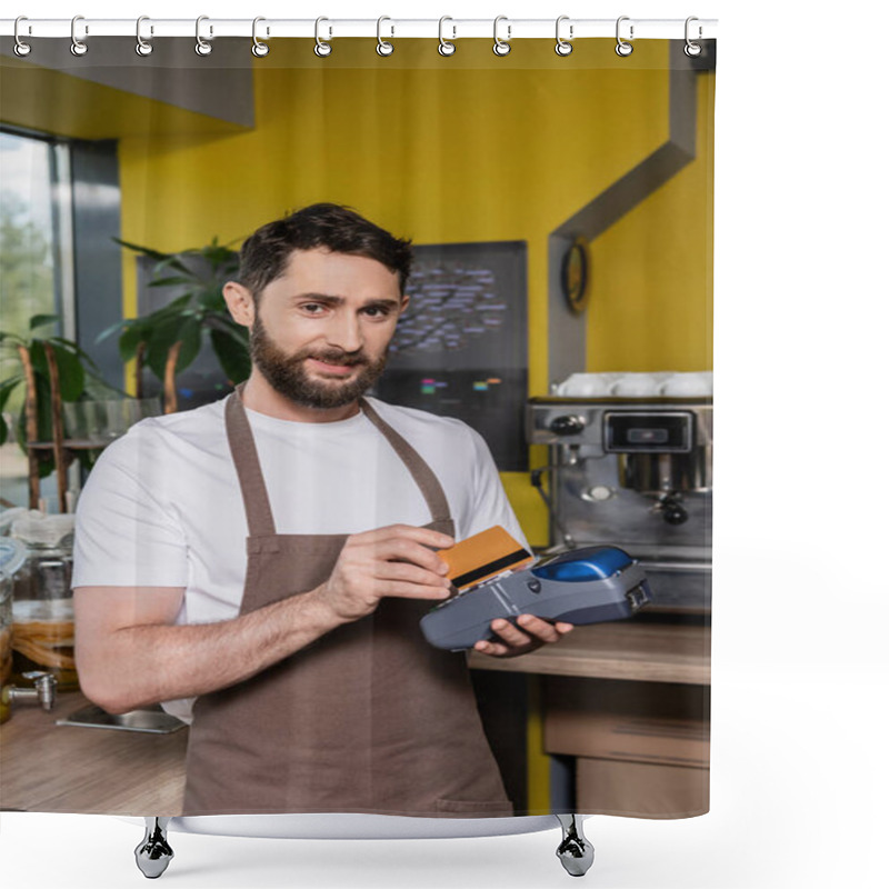 Personality  Smiling Barista Using Payment Terminal And Credit Card While Looking At Camera In Coffee Shop Shower Curtains