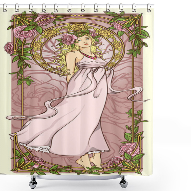 Personality  Art Nouveau Woman In Floral Border Shower Curtains