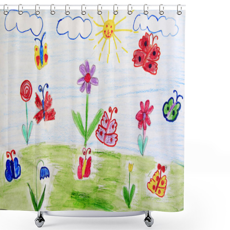 Personality  Bright Summer. Childish Drawing Of Clearing With Flowers Rainbow And Butterflies. Childish Art. Artwork Drawn By Pencils. Shower Curtains