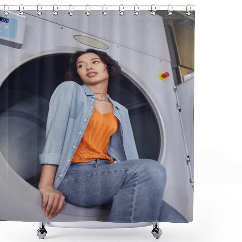 Personality  Low Angle View Of Young Asian Woman Looking Away While Sitting On Washing Machine In Public Laundry Shower Curtains