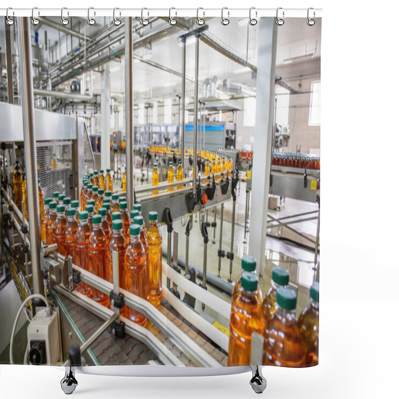 Personality  Conveyor Belt Or Line In Beverage Plant With Modern Automated Industrial Machine Equipment. Plastic PET Bottles With Fresh Organic Juice In Factory Interior Shower Curtains