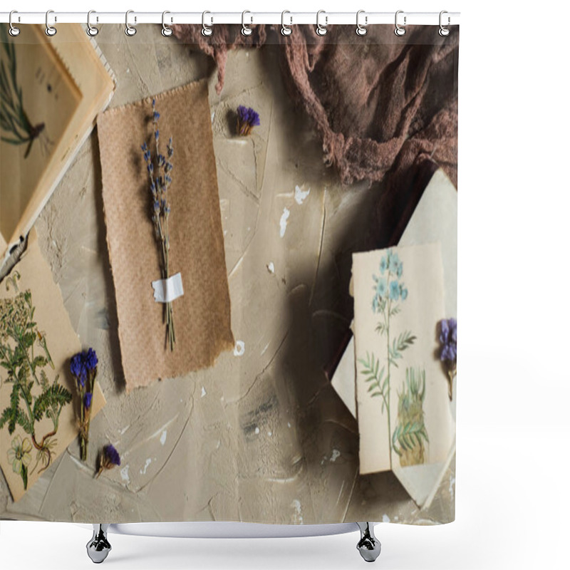 Personality  Flay Lay, Top View Of The Herbarium, Dried Lavender Flowers, Notebook, Book For Notes, Pen And Spring Summer Pictures On A Concrete BackgroundPostcard On Kraft Paper Shower Curtains