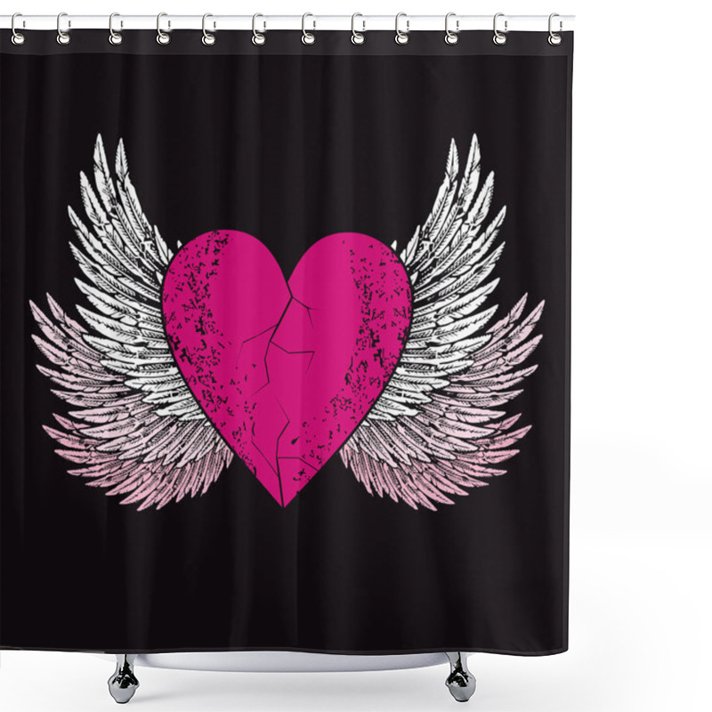 Personality  Vector Design For T-shirt Of A Pink Heart With Wings Isolated On Black. Illustration Of A Broken Heart Flying. Shower Curtains