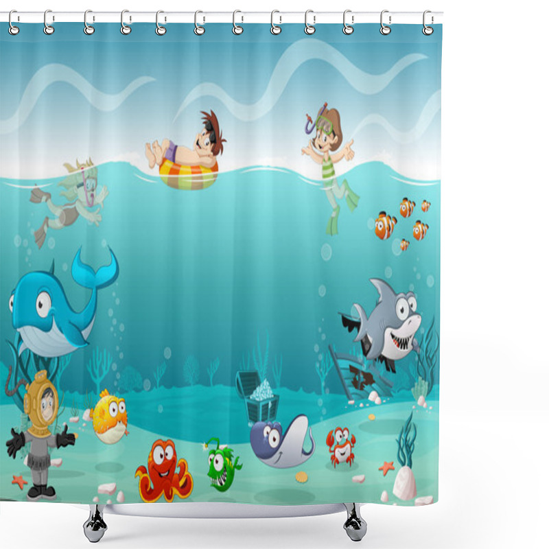 Personality  Kids Wearing Scuba Diving Suit And Swimming With Fish Under The Sea. Shower Curtains