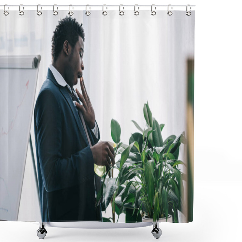 Personality  Sleepy African American Businessman Watering Plant At Office Shower Curtains