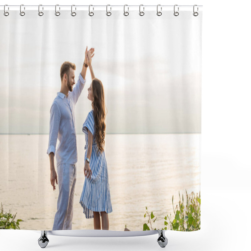 Personality  Cheerful Couple Holding Hands And Dancing Near Lake  Shower Curtains