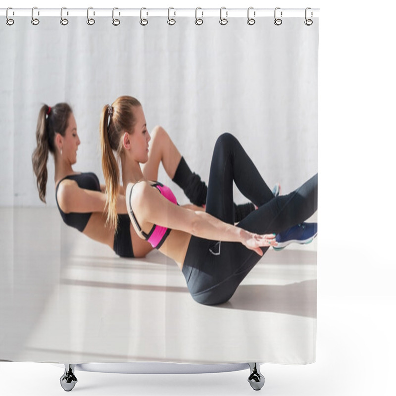 Personality  Two Sporty Women Doing Exercise Abdominal Crunches, Pumping A Press On Floor In Gym Concept Training Exercising Workout Fitness Aerobic Side View Shower Curtains