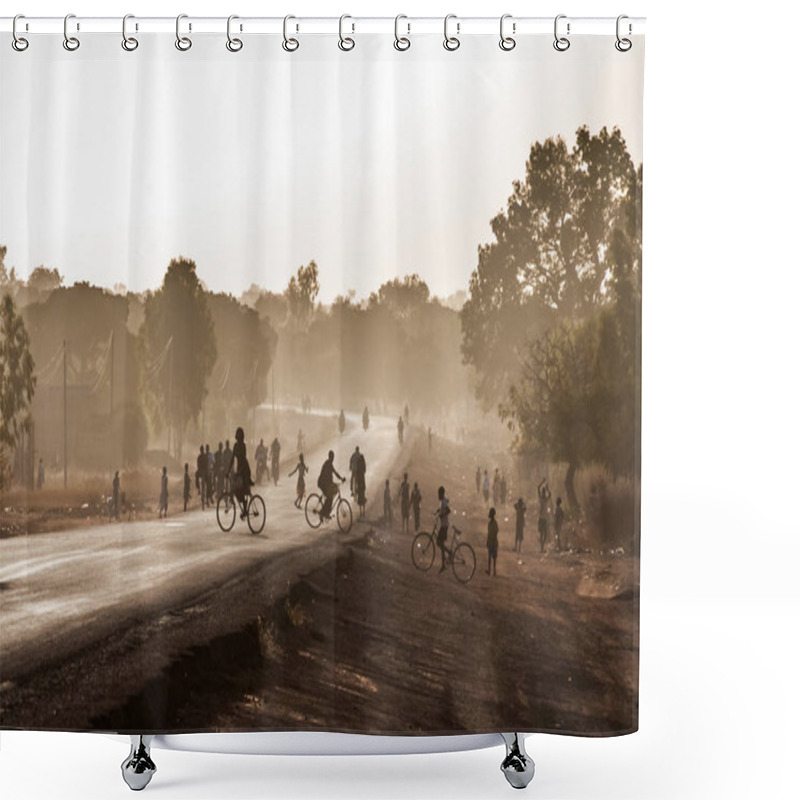 Personality  Highway At The Exit Of Ouagadougou, Burkina Faso, At Dusk With Silhouetted People. African Scenery. Shower Curtains