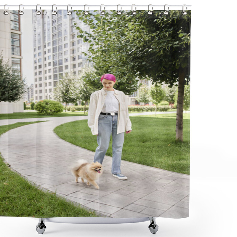 Personality  Full Length Of Trendy Purple-haired Woman Walking With Pomeranian Spitz On Urban Street, Enjoyment Shower Curtains