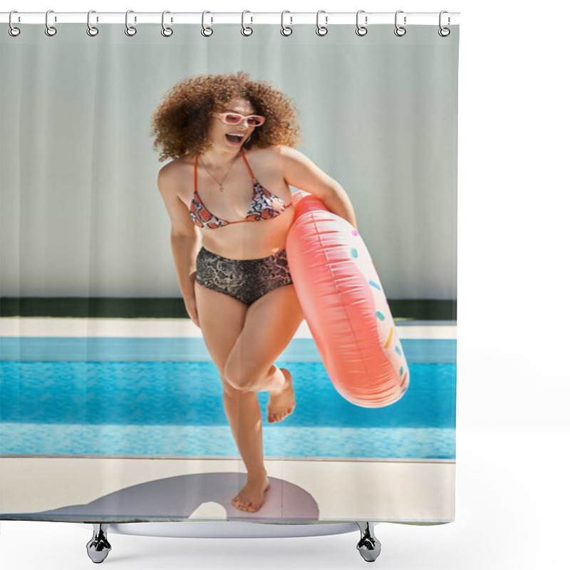 Personality  A Woman With Curly Hair, Wearing A Bikini And Sunglasses, Smiles As She Walks Past A Pool Holding An Inflatable Ring. Shower Curtains