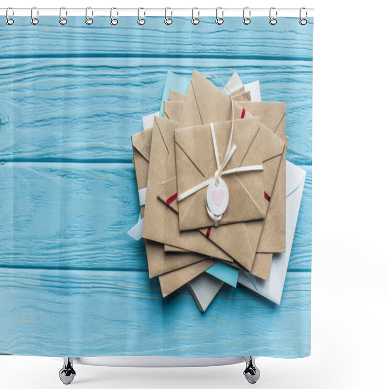 Personality  Top View Of Wooden Blue Background With Envelopes And Heart Shower Curtains