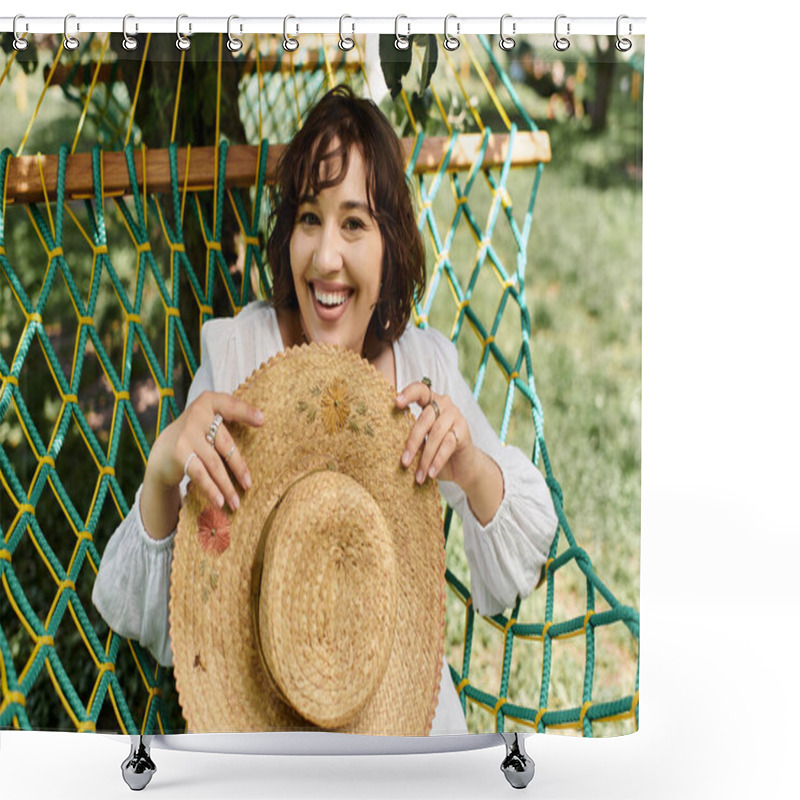 Personality  A Young Woman In A White Dress And Straw Hat Relaxes In A Hammock On A Summer Day. Shower Curtains