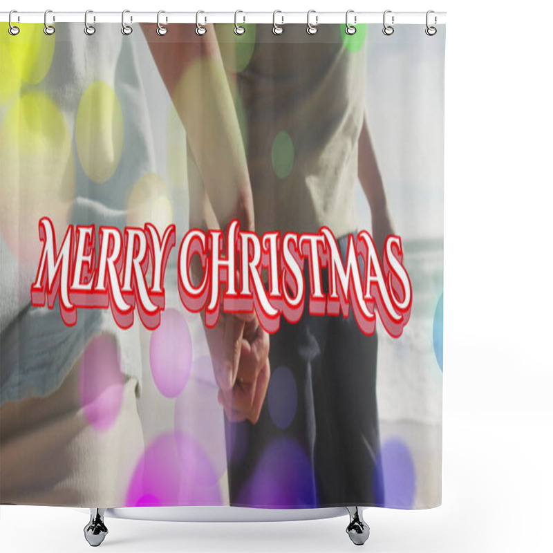 Personality  Image Of Merry Christmas Text Over Senior Biracial Couple At Beach. Christmas, Celebration And Digital Interface Concept Digitally Generated Image. Shower Curtains