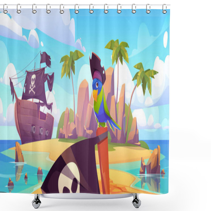 Personality  Pirate Ship Moored On Secret Island With Parrot Shower Curtains