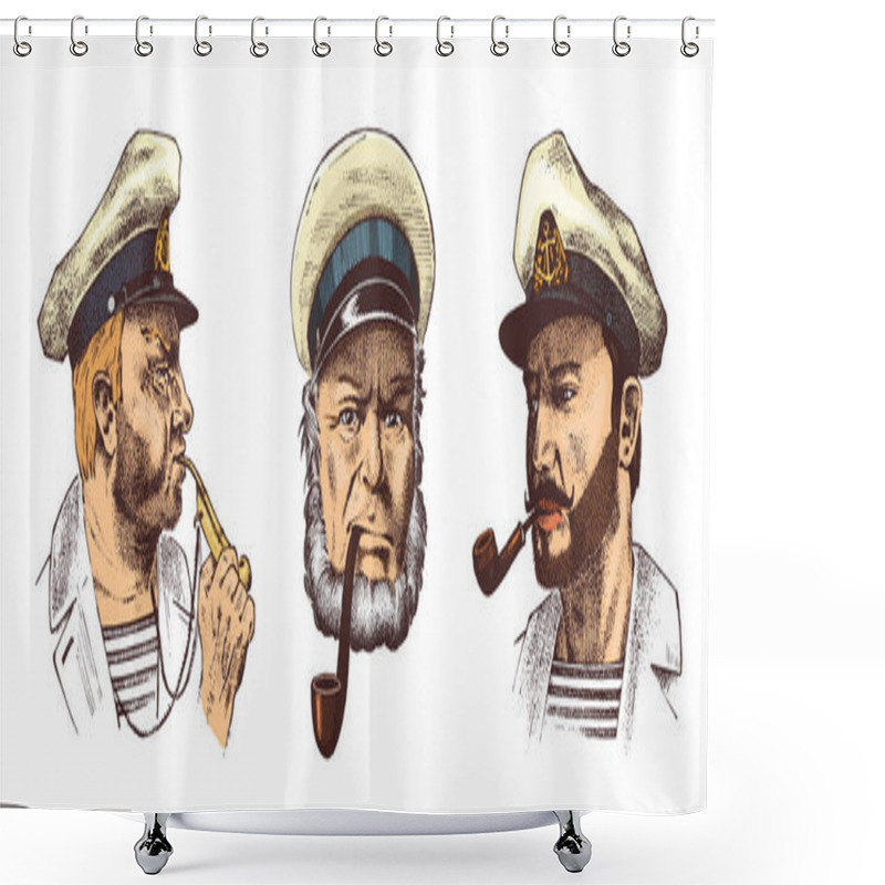 Personality  Boatswain With Pipe. Portrait Of A Sea Captain, Marine Old Sailor Or Bluejacket, Whistle And Seaman With Beard Or Men Seafarer. Travel By Ship Or Boat. Engraved Hand Drawn In Old Vintage Sketch. Shower Curtains