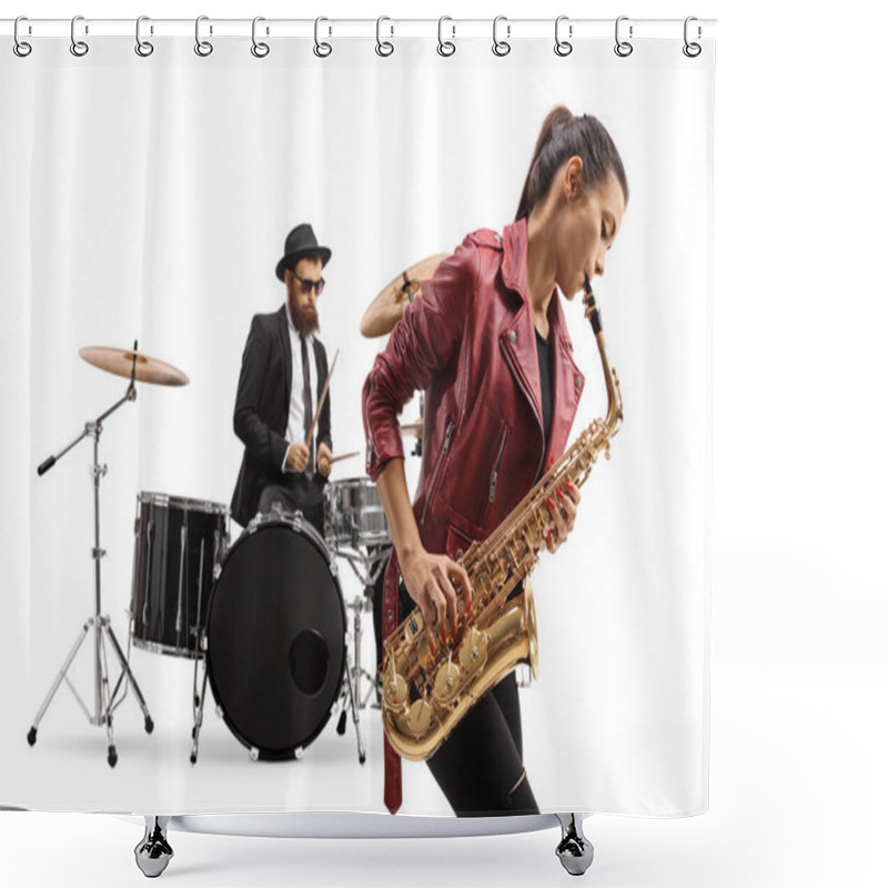 Personality  Young Female Playing A Saxophone And A Man Playing Drums In The Back Isolated On White Background Shower Curtains