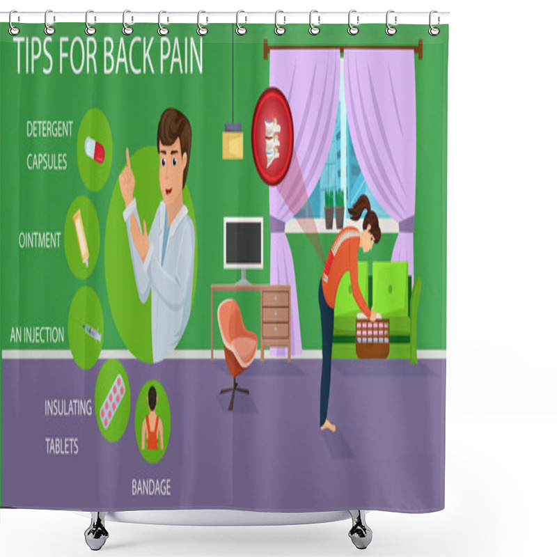 Personality  Tips For Back Pain For Women. Vector Illustration. Shower Curtains