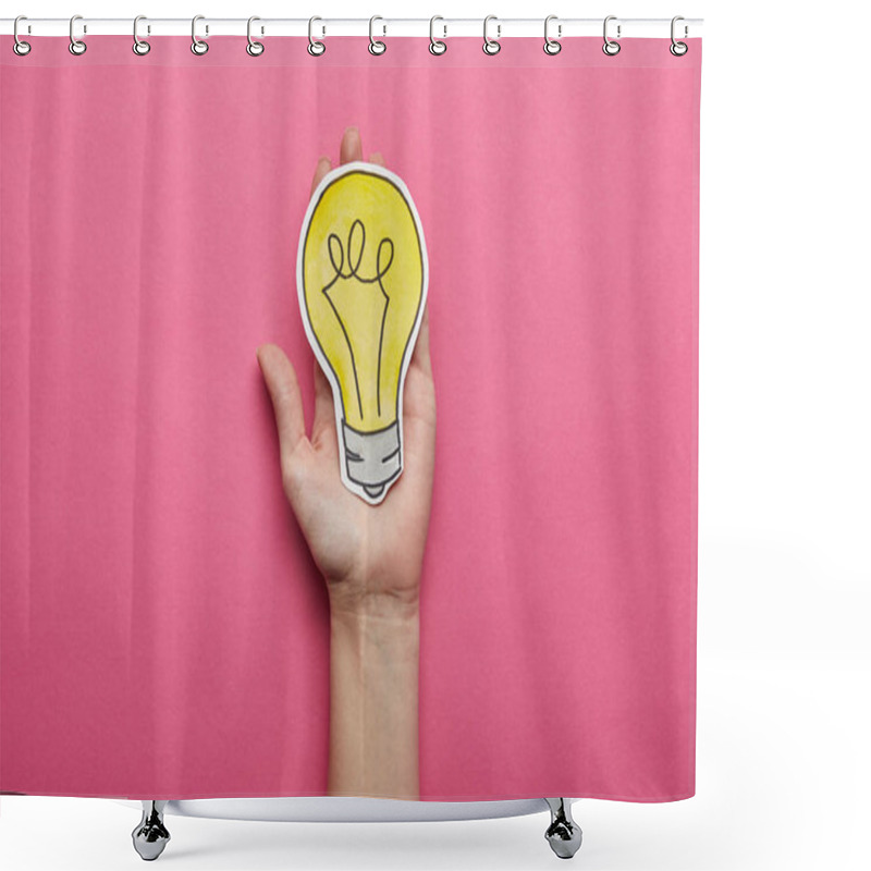 Personality  Top View Of Yellow Light Bulb Idea Symbol On Pink Background Shower Curtains