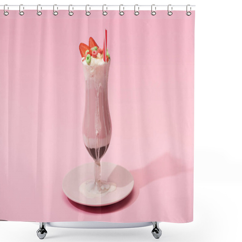 Personality  Glass Of Milkshake With Strawberry Halves, Candies And Drinking Straw On Plate On Pink Background Shower Curtains