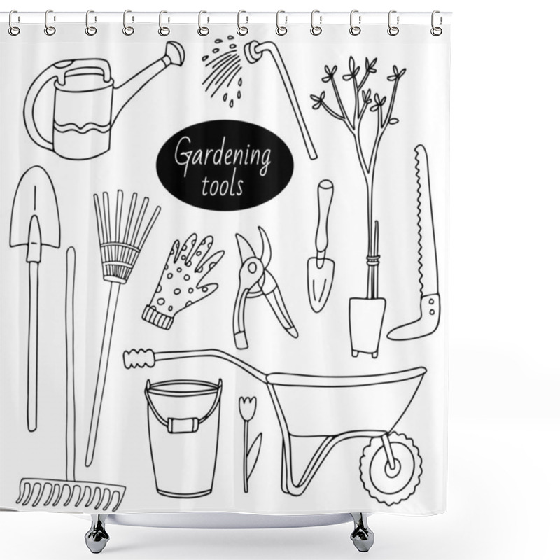 Personality  Set With Gardening Tools. Watering Can, Bucket, Shovel, Wheelbarrow, Trowel, Seedling Tree, Rake, Hose Nozzle, Pruner, Saw, Glove, Tulip. Vector Doodle Hand Drawn Illustration Isolated On White. Shower Curtains