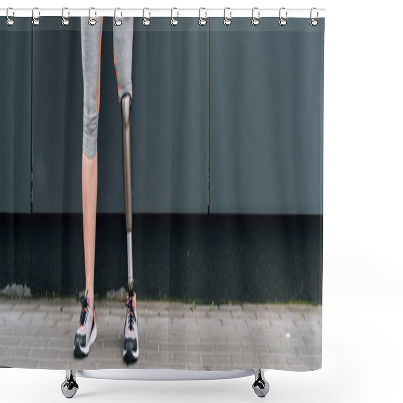 Personality  Panoramic Shot Of Disabled Sportswoman With Prosthetic Leg On Street Shower Curtains