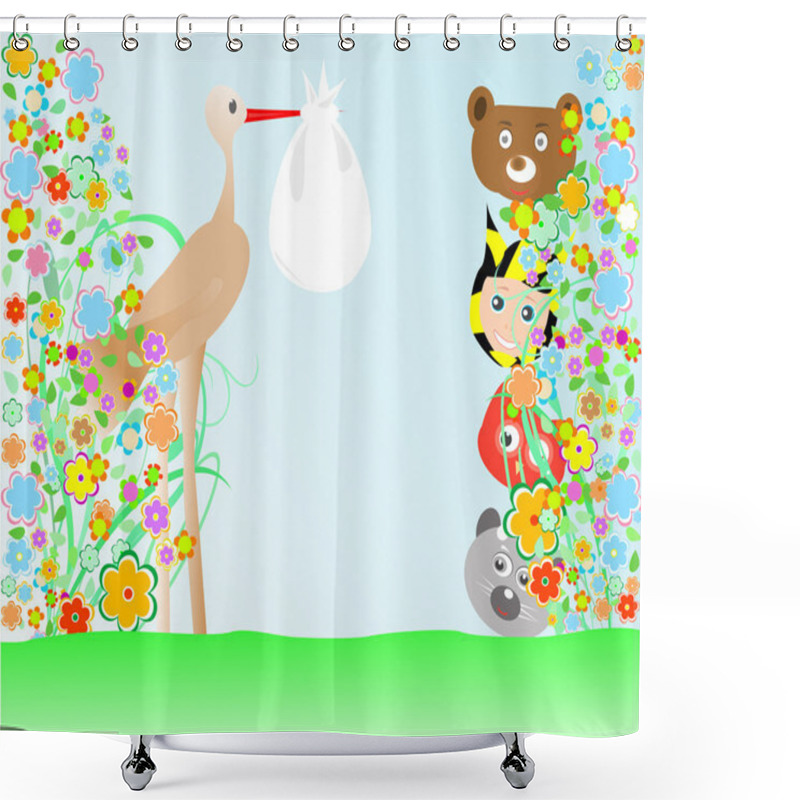 Personality  Cartoon Animals And Baby Viewing Stork With Bag Shower Curtains