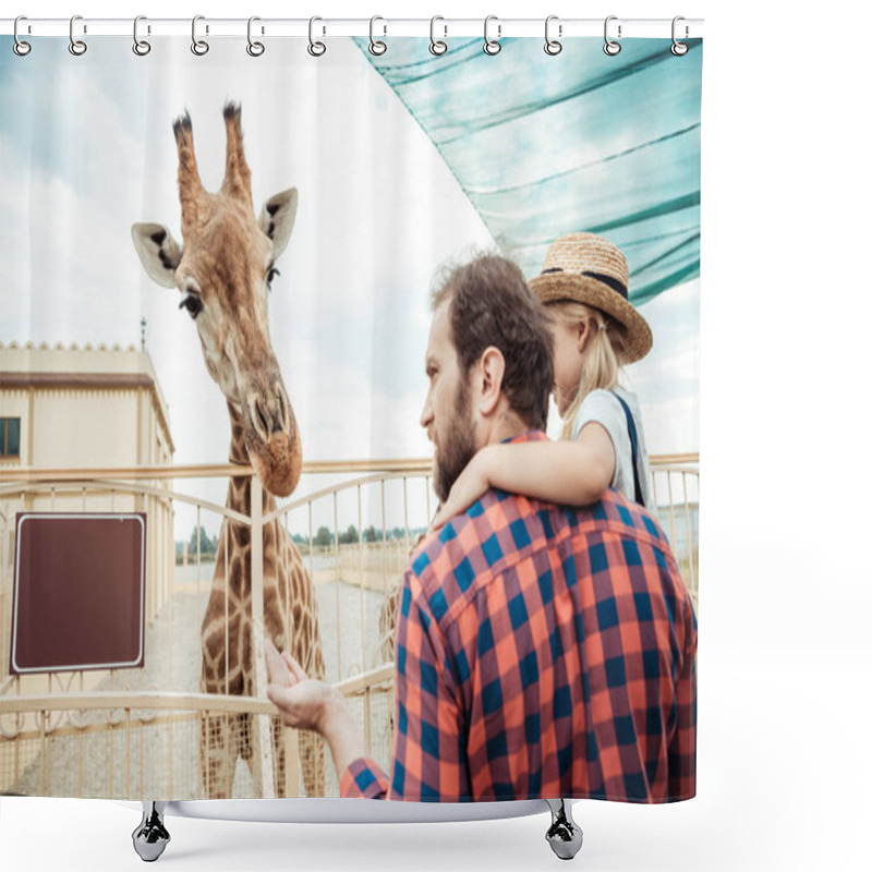 Personality  Family Looking At Giraffe In Zoo Shower Curtains