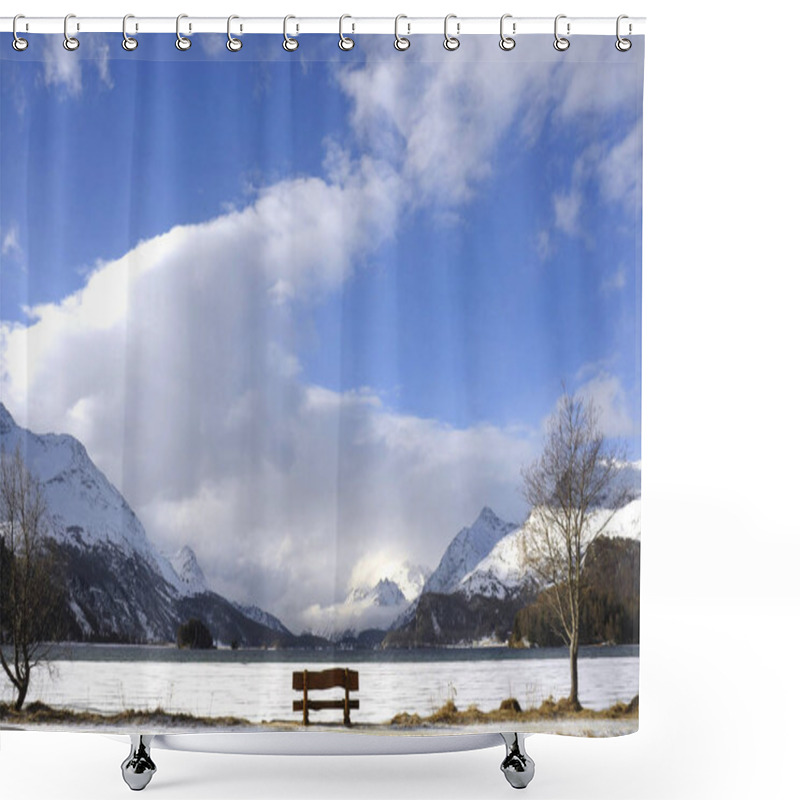 Personality  Bench Looking Solitary At Frozen Sils Lake In Engadin Switzerland With Snow Alps Mountains Shower Curtains