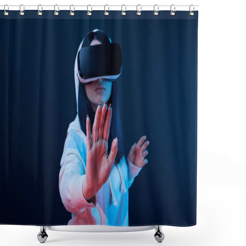 Personality  Selective Focus Of Woman Gesturing While Using Virtual Reality Headset On Blue  Shower Curtains