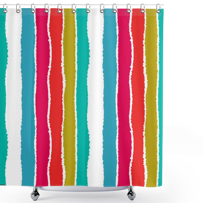 Personality  Striped Seamless Pattern. Vertical Wide Lines With Torn Paper Effect. Shred Edge Bands. Turquoise, Red, White Colors. Vector Shower Curtains