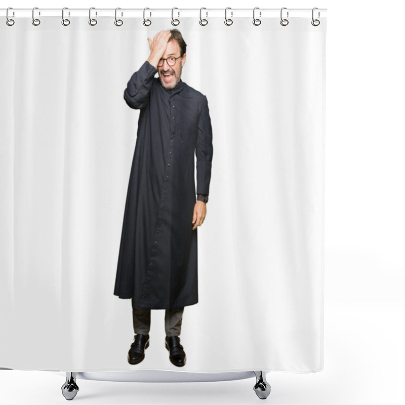 Personality  Middle Age Priest Man Wearing Catholic Robe Surprised With Hand On Head For Mistake, Remember Error. Forgot, Bad Memory Concept. Shower Curtains