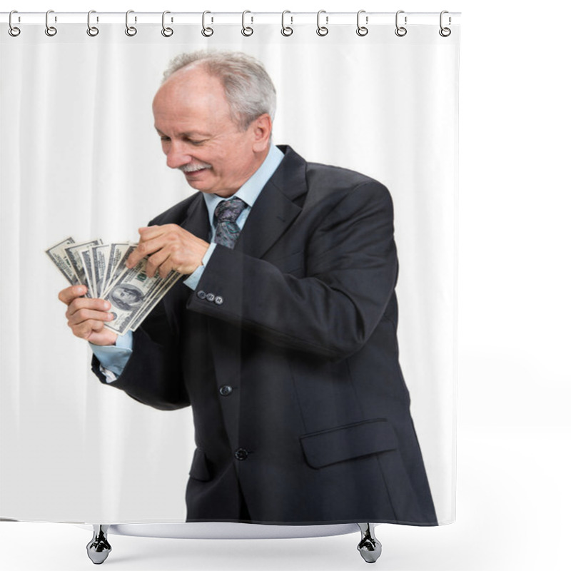 Personality  Senior Businessman Holding Group Of Dollars Shower Curtains