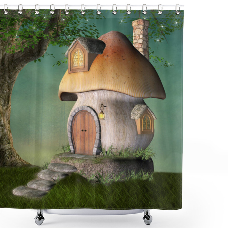 Personality  Fantasy Mushroom House By A Tree In A Green Meadow - 3D Illustration Shower Curtains