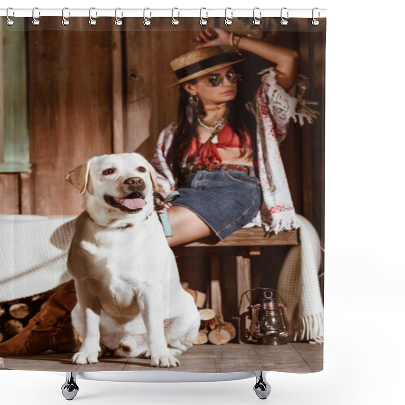 Personality  Woman In Boho Style With Dog Shower Curtains