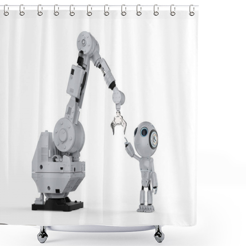 Personality  3d Rendering Mini Robot With Robotic Arm On White Background Shower Curtains