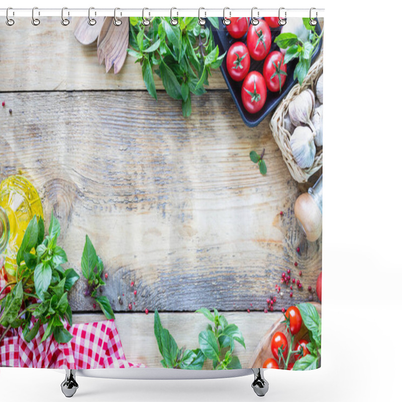 Personality  Fresh Tasty Vegetables For Cooking Or Salad On A Rustic Background, Top View, Frame. Diet Or Vegetarian Food Concept. Top View. Shower Curtains