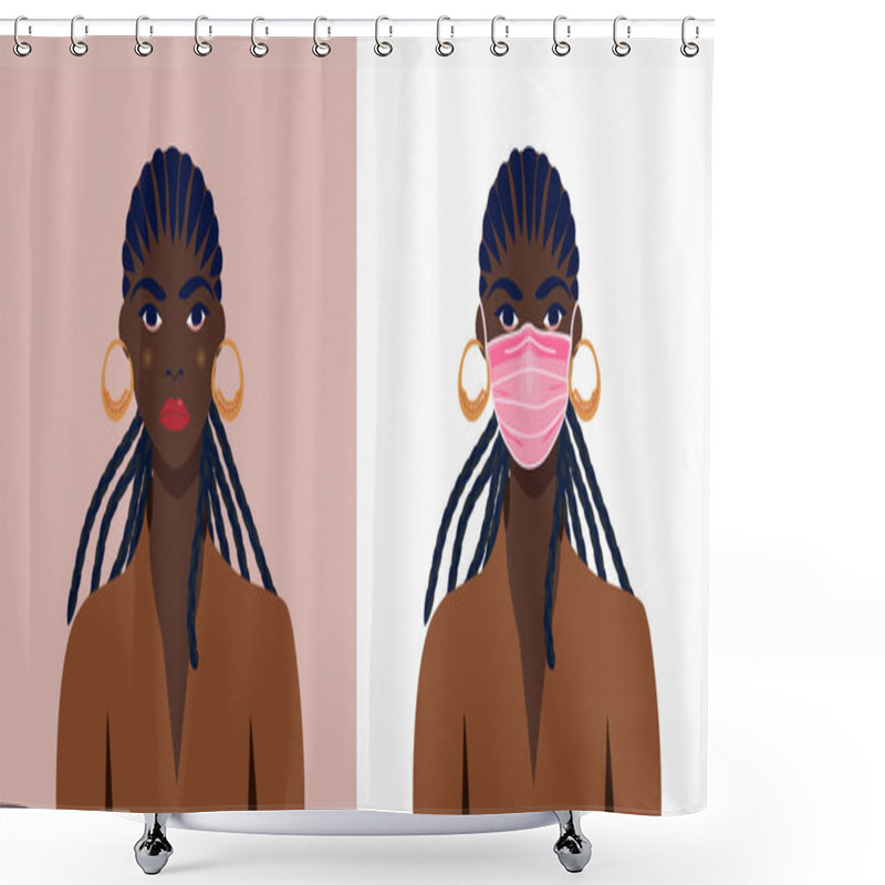 Personality  Beautiful African American Girl In A Mask And Without A Mask. Be Sure To Wear A Mask In Public Places. Protection Against Coronavirus Or Respiratory Virus. Infection Prevention. Shower Curtains