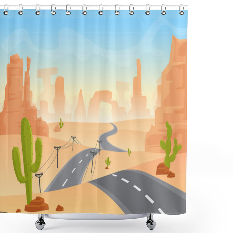 Personality  Desert Texas Landscape. Vector Cartoon Desert With Road, Cactuses And Rock Mountains. Shower Curtains