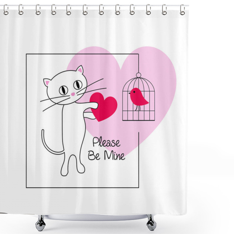 Personality  Cute Cat And Bird Valentine On Pink Heart Shower Curtains