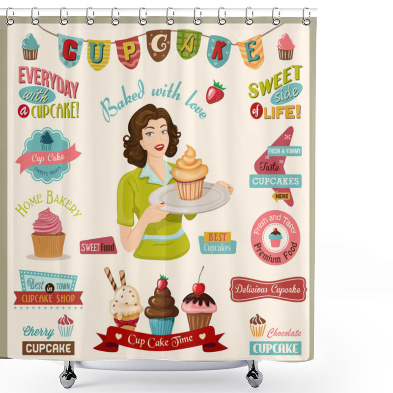 Personality  Collection Of Cupcake Design Elements. Shower Curtains