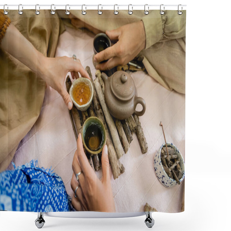 Personality  Cropped View Of Friends Holding Bowls With Tea On Wooden Board Outdoors  Shower Curtains