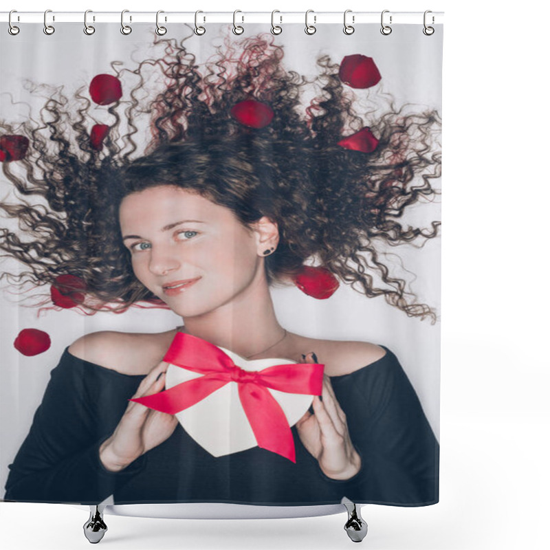 Personality  Beautiful Young Woman With Curly Hair Holding Valentines Day Gift Isolated On White Shower Curtains