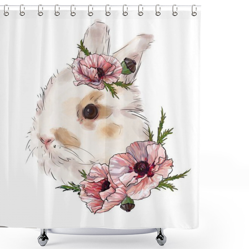 Personality  Rabbit With Pink Poppy Flowers, Cute Children's Illustration, Best T-shirt Print, Animal Print With Peonies. Rabbit On A White Background Shower Curtains