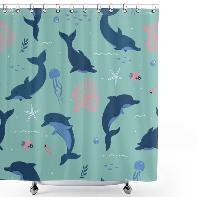 Personality  Seamless Pattern With Cute Dolphins And Marine Life. Vector Image. Shower Curtains