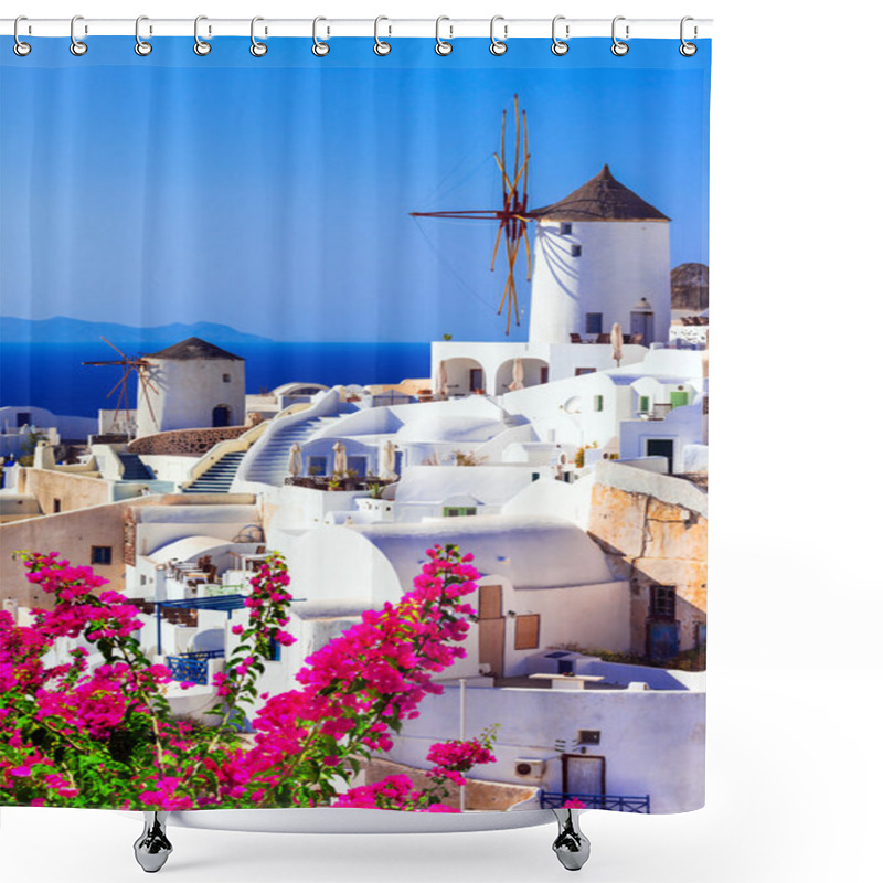 Personality  Beautiful Greece . Traditional Windmills Of Santorini Shower Curtains