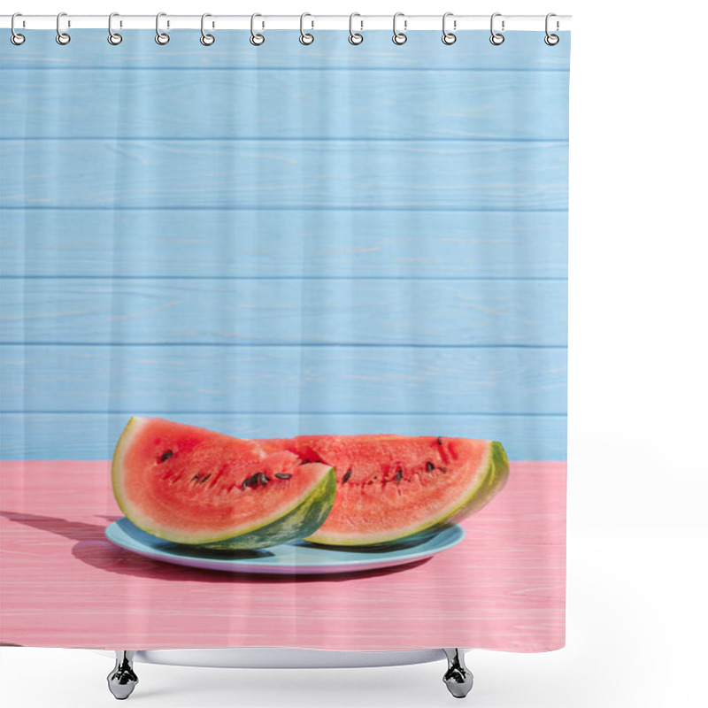 Personality  Close Up View Of Juicy Watermelon Slices On Plate On Blue Backdrop Shower Curtains