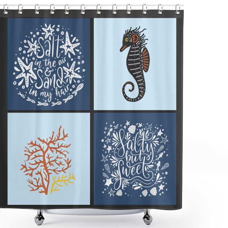 Personality  Vector Sea Cards Set With Handdrawn Sea Animals And Ornate Lettering Pieces. Shower Curtains