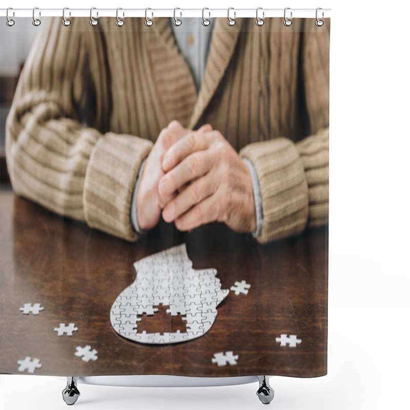 Personality  Cropped View Of Senior Man Playing With Puzzles On Table Shower Curtains