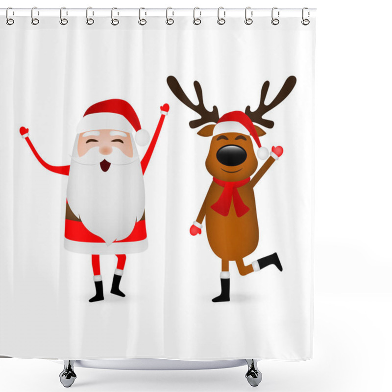 Personality  Cartoon Funny Santa Claus And Reindeer Waving Hands Isolated On White Shower Curtains