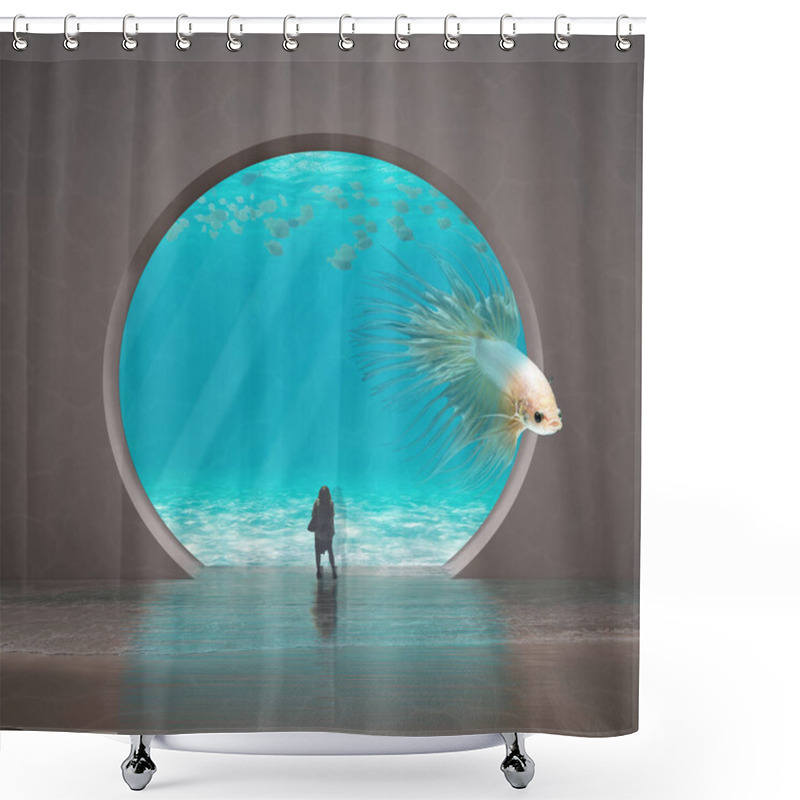 Personality  Surreal Visionary Aquarium In Rosy Tones With A Big Rosy Fish Which Escapes From The Cage While A Young Woman Watches The Scene, Arched Window, Freedom Concept, Imaginary Art Shower Curtains